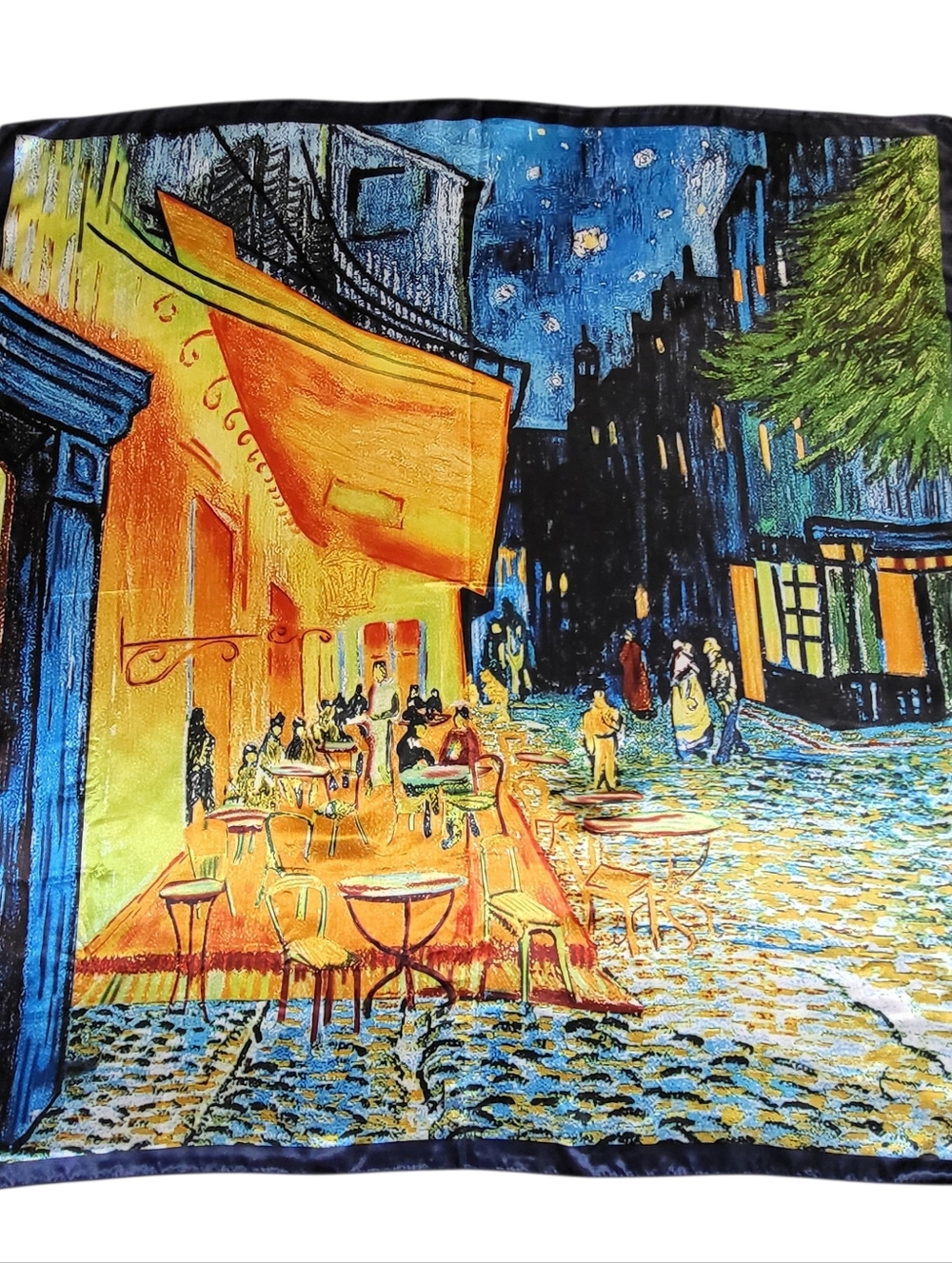 Vintage 90's MOSI Satin Scarf Parisian Cafe at Night Large 35" Square Blue Gold